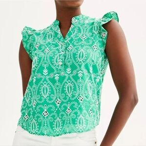 Draper James Green White Embroidered Ruffle Short Sleeve Split Neck Top Size M